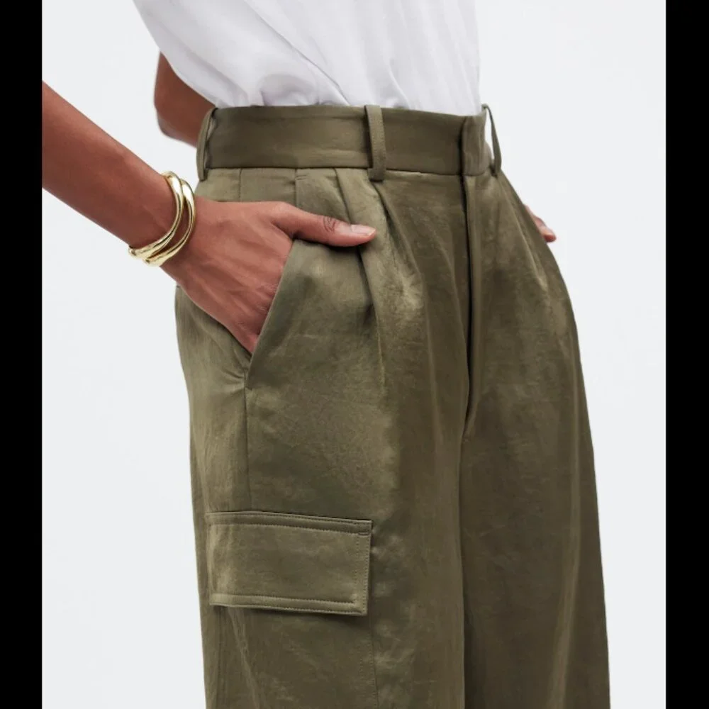 MADEWELL High-Rise Straight Cargo Trousers in Satin Women's Size 10 Olive Green - Picture 5 of 12